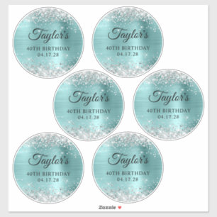 Glitter Silver & Turquoise 40th Birthday 5" Circle Sticker