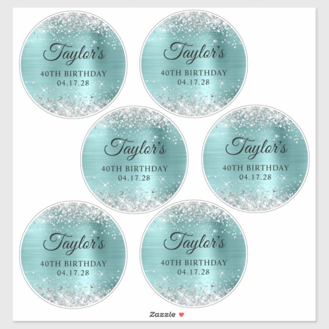 Glitter Silver & Turquoise 40th Birthday 5" Circle Sticker (Sheet)
