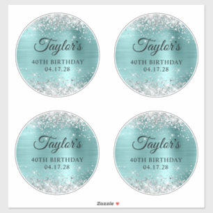 Glitter Silver & Turquoise 40th Birthday 6" Circle Sticker