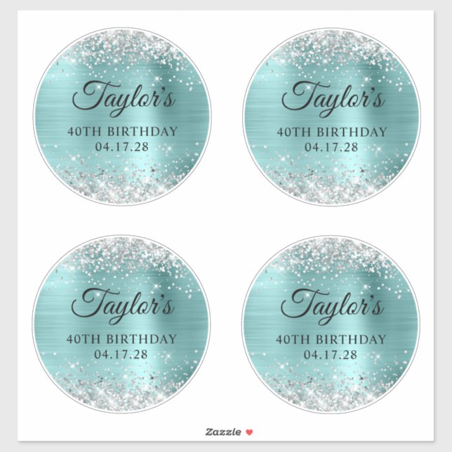 Glitter Silver & Turquoise 40th Birthday 6" Circle Sticker (Sheet)