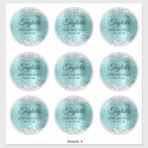 Glitter Silver & Turquoise 40th Birthday Circle Sticker