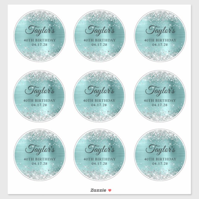 Glitter Silver & Turquoise 40th Birthday Circle Sticker (Sheet)