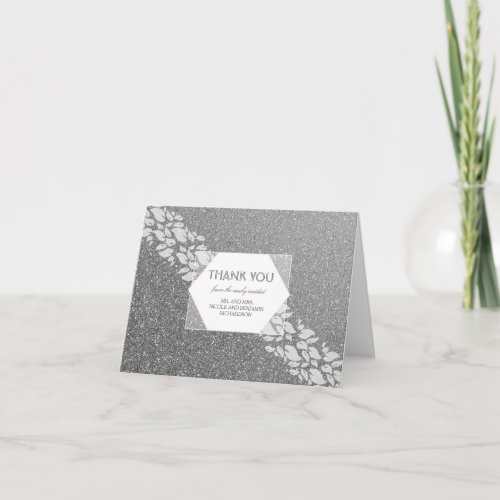 Glitter Silver Wedding Thank You - Silver glitter and white laurel leaves wedding thank you cards