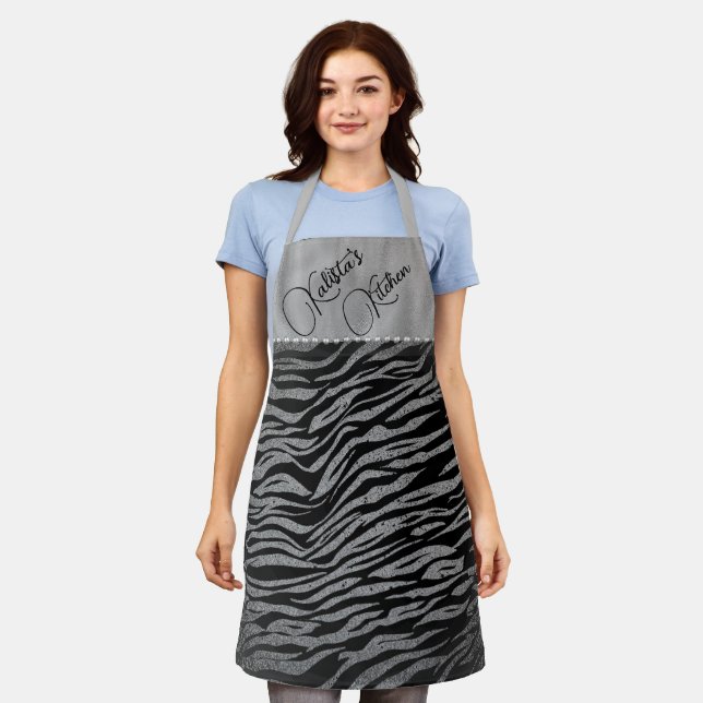 Glitter Silver Zebra Print on Black Personalized Apron (Worn)