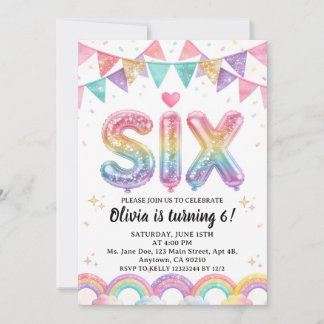 Glitter SIX Girly Rainbow Sequin 6th Birthday Invitation