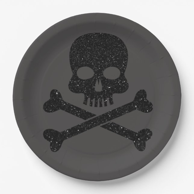 Glitter Skull'n'Crossbones Halloween Paper Plates (Front)