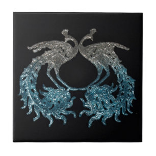 Glitter Sliver and Blue Peacock Ceramic Tile