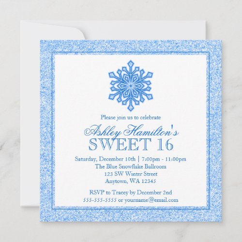 Glitter Snowflake Blue Sweet 16 Winter Wonderland Invitation