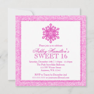 Glitter Snowflake Pink Sweet 16 Winter Wonderland Invitation