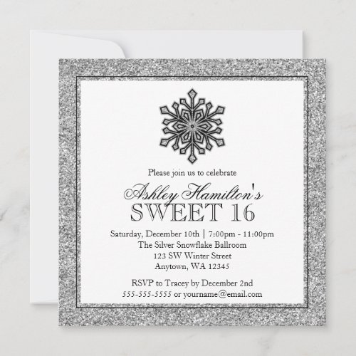 Glitter Snowflake Silver Sweet 16 Winter Invites