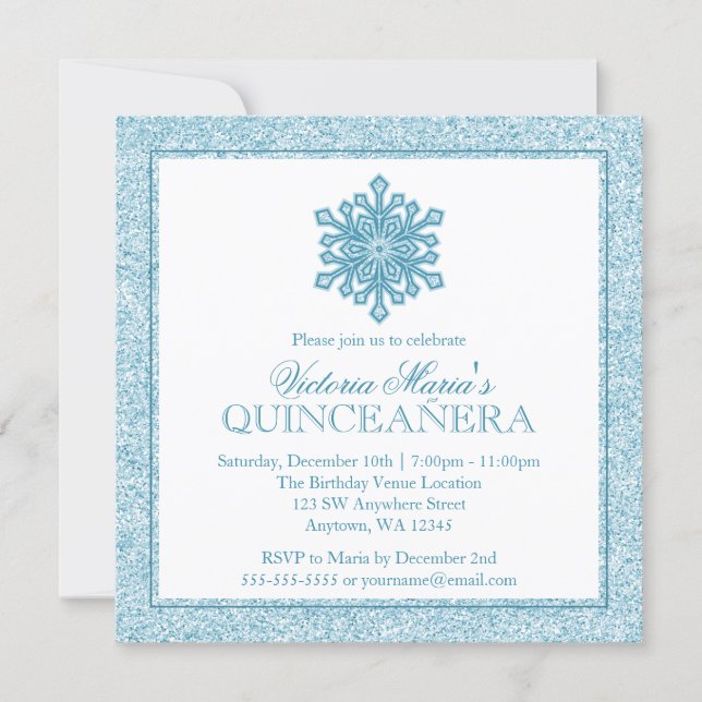 Glitter Snowflake Teal Quinceanera Winter Invites (Front)