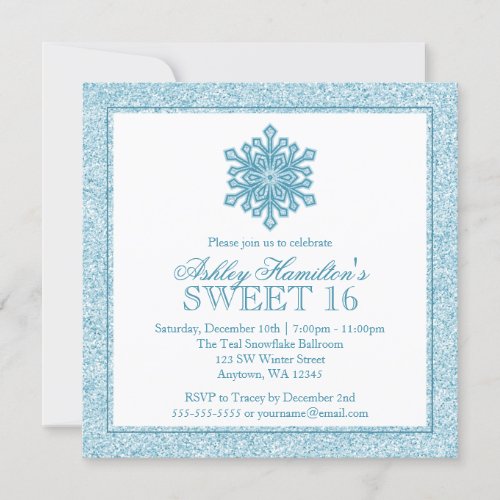 Glitter Snowflake Teal Sweet 16 Winter Wonderland Personalized Invitations