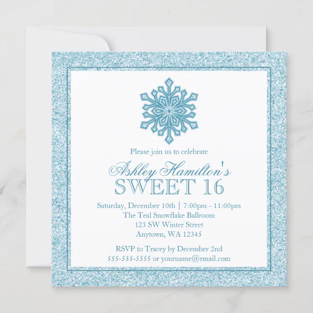 Glitter Snowflake Teal Sweet 16 Winter Wonderland Invitation | Zazzle