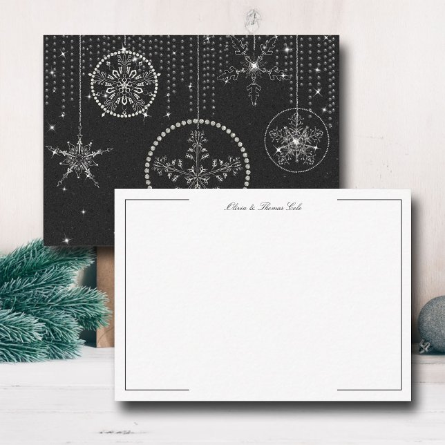 Glitter Snowflakes Black White Elegant Classy Chic Note Card (christmas thank you card couple wedding holidays winter snowflakes rhinestones glitter black white )