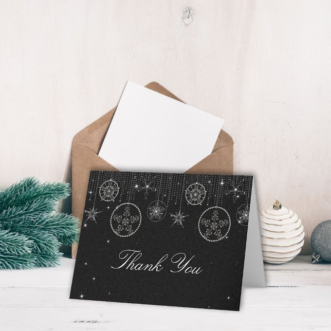 Glitter Snowflakes Black White Elegant Thank You Note Card (christmas thank you folded card couple wedding holidays winter snowflakes rhinestones glitter black )