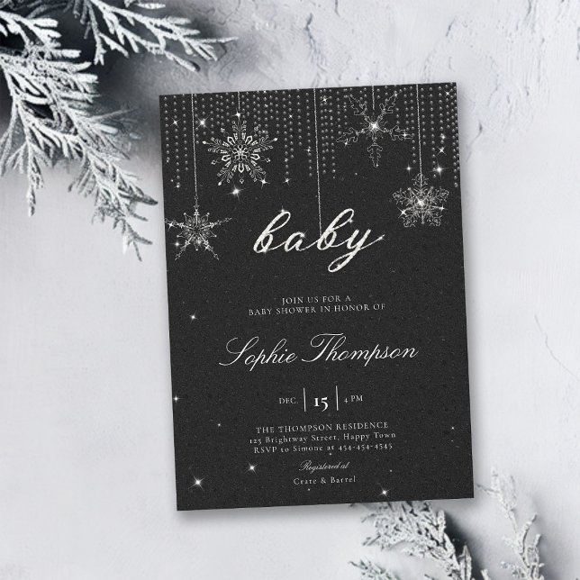 Glitter Snowflakes BW Gender Neutral Baby Shower Invitation (gender neutral winter bridal shower invitation black white christmas elegant rhinestones bling class)