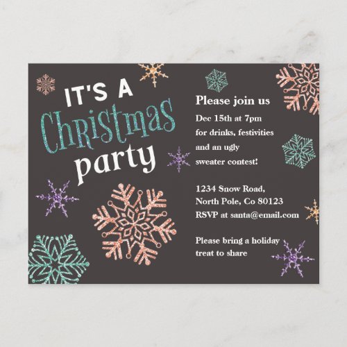 Glitter Snowflakes Christmas Party Invitation Postcard