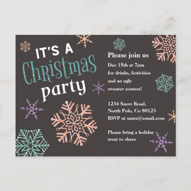 Glitter Snowflakes Christmas Party Invitation Postcard (Front)