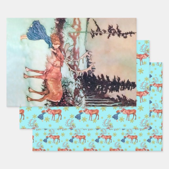 Glitter Snowflakes Gerda and The Reindeer Pattern Wrapping Paper Sheets (Set)