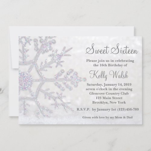 Glitter Snowflakes Sweet 16 Winter Invitation