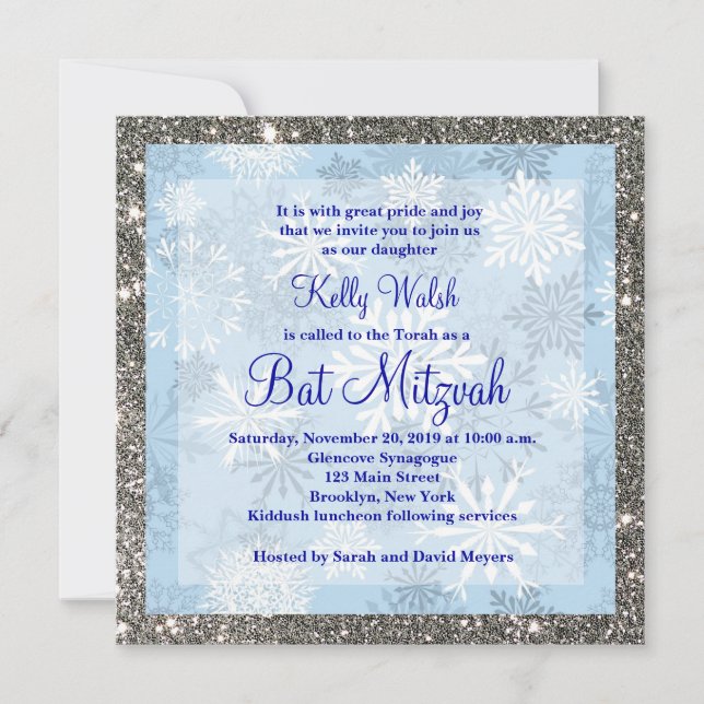 Glitter Snowflakes Winter Bat Mitzvah Invitation (Front)
