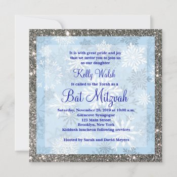 Glitter Snowflakes Winter Bat Mitzvah Invitation by PurplePaperInvites at Zazzle