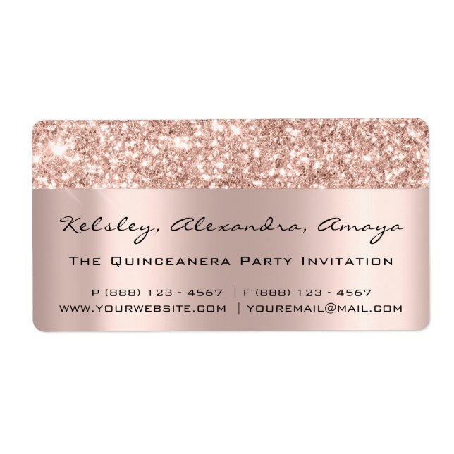 Glitter Spark Rose Gold Bridal Sweet 16th Quincean Label (Front)