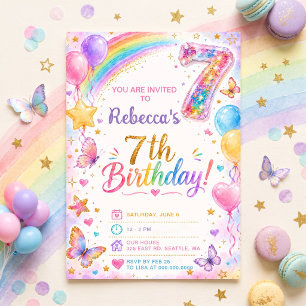 Glitter Sparkle 7th Birthday Girls Rainbow Party Invitation