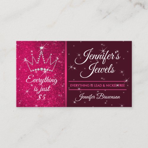 Glitter Sparkle Bling Pink Crown Jewelry Business Card