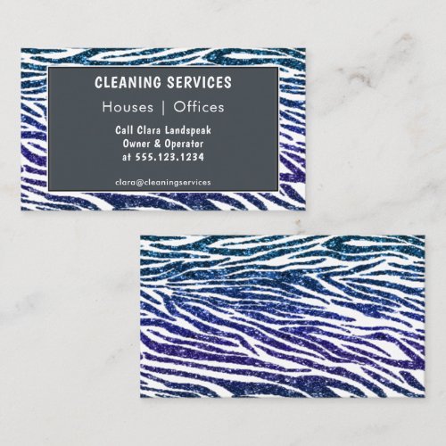 Glitter Sparkle Blue Zebra Print Cleaning Services Business Card