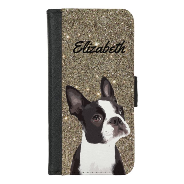 Glitter Sparkle Boston Terrier Dog Cute iPhone Wallet Case (Front)