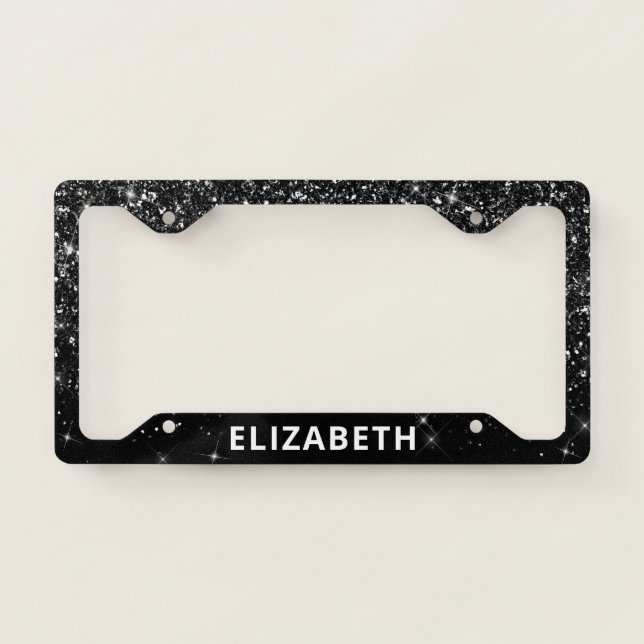 Glitter Sparkle Monogrammed Black License Plate Frame (Front)