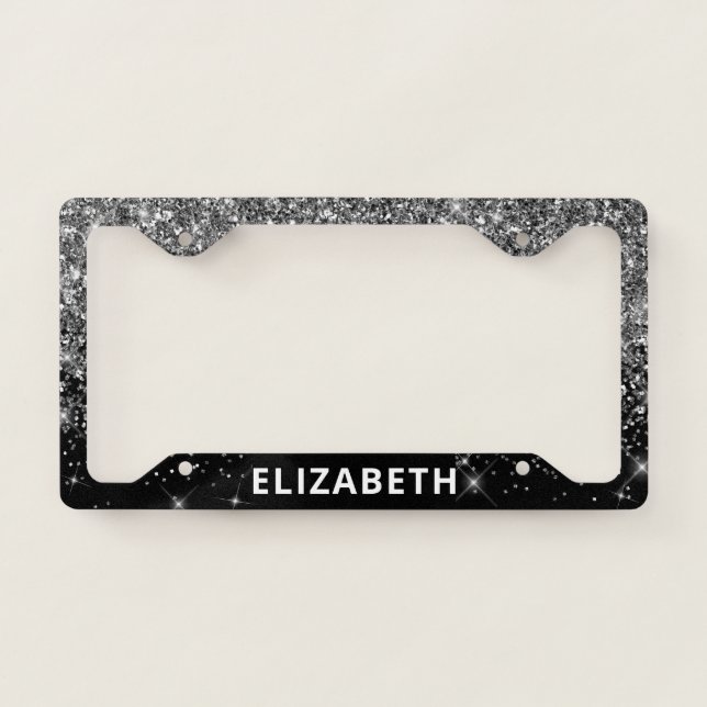 Glitter Sparkle Monogrammed Silver License Plate Frame (Front)