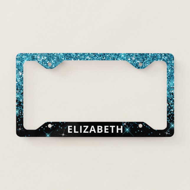 Glitter Sparkle Monogrammed Teal License Plate Frame (Front)
