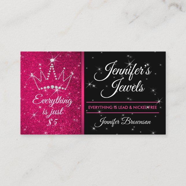 Glitter Sparkle Pink Crown Jewelry Accessories Business Card (Front)