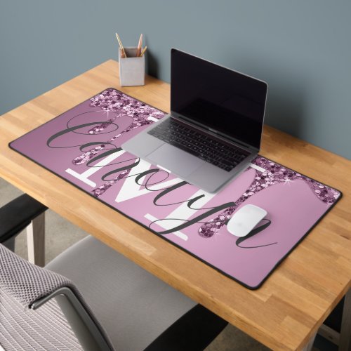 Glitter Sparkle Rose Blush Girly Pink Name Desk Mat