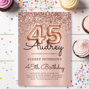 Glitter Sparkle Rose Gold Balloon 45th Birthday Invitation