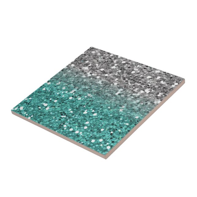 Glitter Sparkle Teal Silver Ombre Sequin look Ceramic Tile (Side)