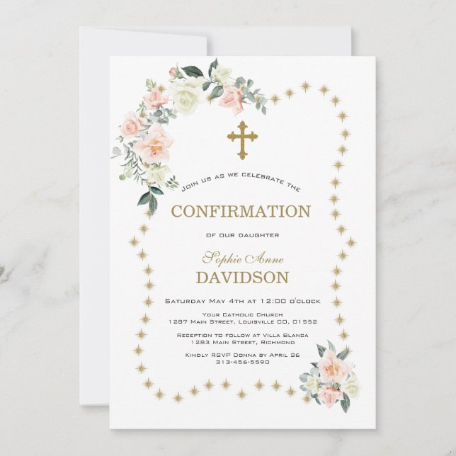 Glitter Sparkles Frame Flowers Gold Confirmation Invitation (Front)