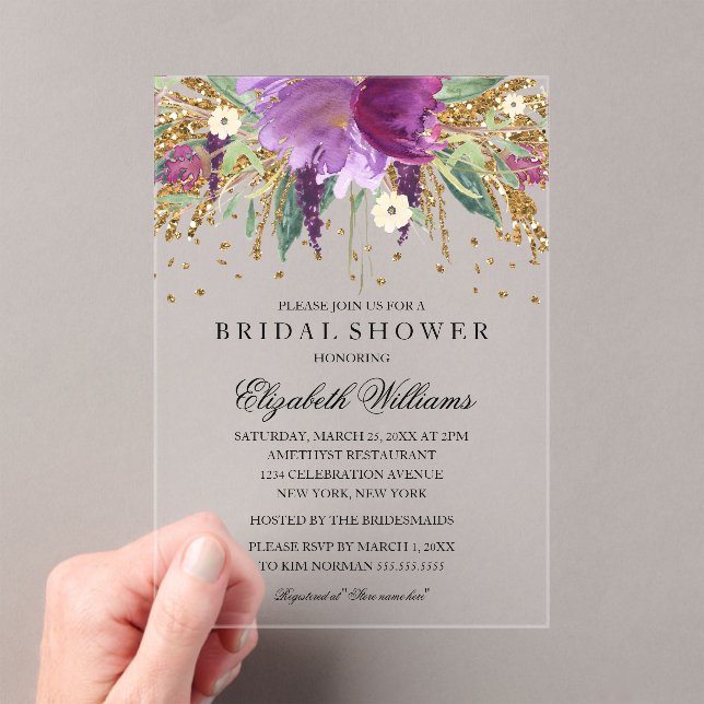 Glitter Sparkling Floral Amethyst Bridal Shower Acrylic Invitations (Insitu (Handheld))