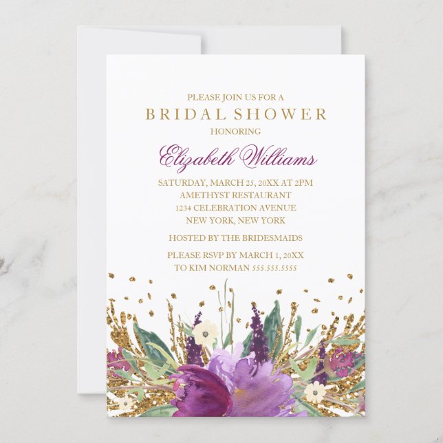 Glitter Sparkling Floral Amethyst Bridal Shower Invitation (Front)