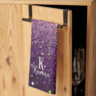 Glitter sparkling purple silver name monogrammed kitchen towel