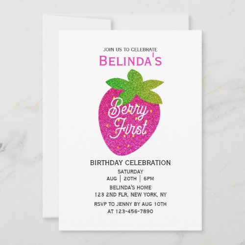 Glitter Sparkling Y2K Pink Strawberry 1st Birthday Invitation