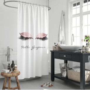 Glitter Sparkly Hello Gorgeous White Pink Eyes Shower Curtain
