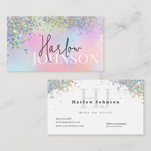 Glitter Sparkly Holographic Signature Monogram  Business Card (Front/Back)