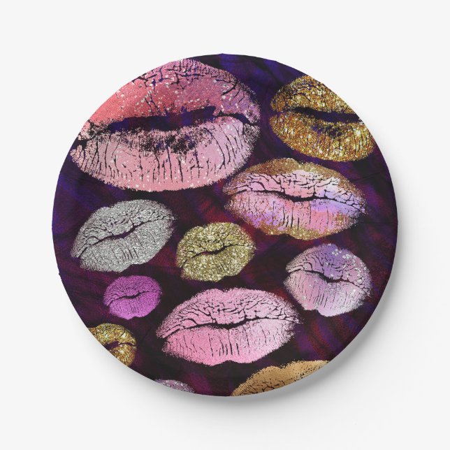 Glitter Sparkly Kiss Lips Beauty Makeup Party Paper Plates (Front)