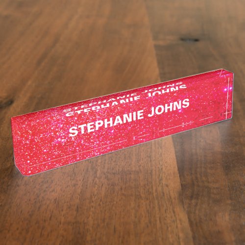 Glitter Sparkly Modern Bright Colorful Red White Desk Name Plate