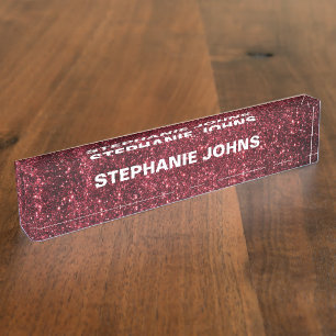 Glitter Sparkly Modern Colorful Burgundy Red Cool Desk Name Plate