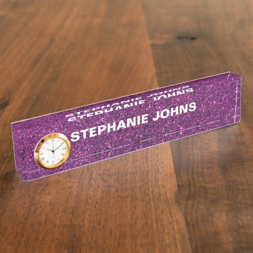 Glitter Sparkly Modern Elegant Purple White Unique Desk Name Plate