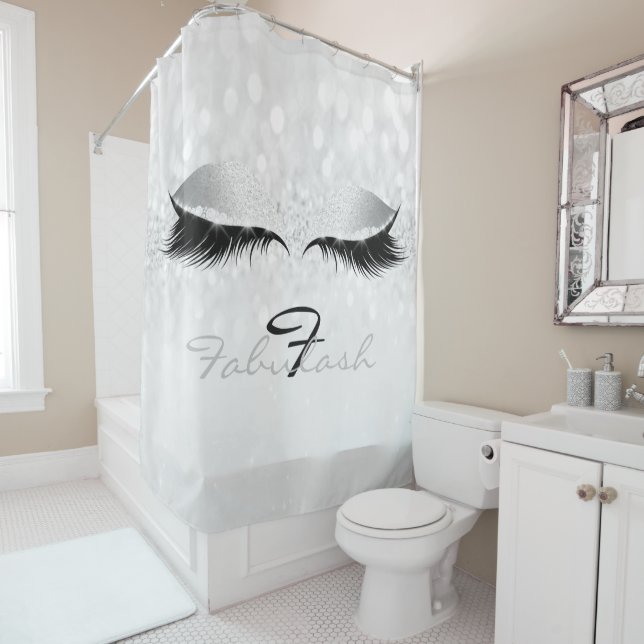 Glitter Sparkly Monogram Name Gray Girly Lash Shower Curtain (In Situ)
